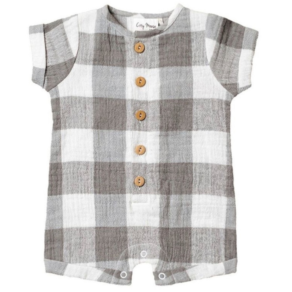 Toddler Boy Short Button Romper, Grey Checkers